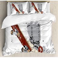 Ambesonne Teen Room Duvet Cover Set, Skateboard with Boy Feet in The Sneakers and Jeans Illustration, Decorative 3 Piece Bedding Set with 2 Pillow Shams, King Size, Grey Cream