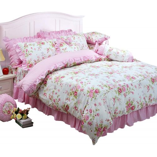 FADFAY 4 Piece Home Textile Floral Print Duvet Cover Bedding Set for Girls, Full Size, Pink Rose