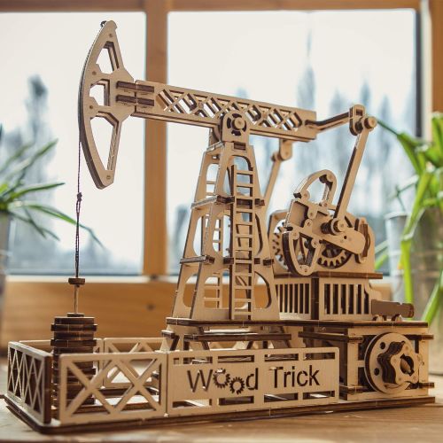  Wood Trick Oil Derrick Rig Toy - Oil Pump Jack Mechanical Model to Build - 3D Wooden Puzzle, Assembly Toys - STEM Toys for Boys and Girls