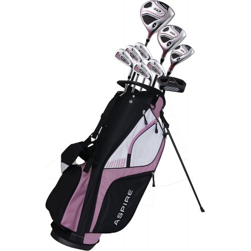  Aspire XD1 Ladies Womens Complete Right Handed Golf Clubs Set Includes Titanium Driver, S.S. Fairway, S.S. Hybrid, S.S. 6-PW Irons, Putter, Stand Bag, 3 HCs Pink