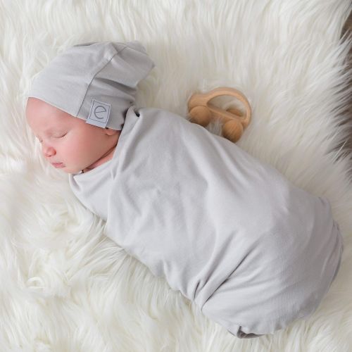  Elys & Co. Cotton Knit Jersey Swaddle Blanket and 2 Beanie Baby Hats Gift Set, Large Receiving Blanket (Grey)