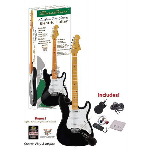 스펙트럼 Spectrum AIL 90BP Custom Pro Series ST Style Electric Guitar with Mini Amp Pack, Black and White