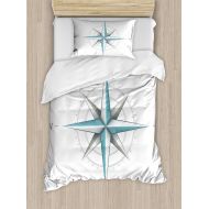 Ambesonne Compass Duvet Cover Set, Antique Wind Rose Diagram for Cardinal Directions Axis of Earth Illustration, Decorative 2 Piece Bedding Set with 1 Pillow Sham, Twin Size, Teal