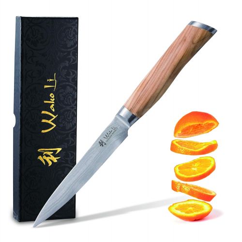  Wakoli Oliven Damastmesser - sehr hochwertiges Profi Messer mit Olivenholz Griff mit Damast Klinge, Damastmesser Allzweckmesser, Damastkuechenmesser