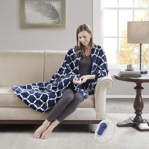 뷰티레스트 Beautyrest - Plush Heated Throw Blanket  Secure Comfort Technology Oversized 60 x 70- Teal - Ogee Pattern in White - Cozy Soft Microlight Heated Electric Blanket Throw - 3-Settin