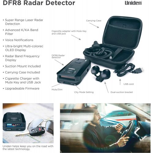  [아마존베스트]Uniden DFR8 Super Long Range Laser and Radar Detection, Advanced K/KA Band Filter, Voice Notifications, Ultra-bright Multi-Colored OLED Display