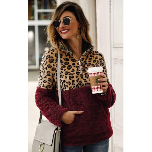  [아마존 핫딜] Angashion Womens Long Sleeve Half Zip Up Warm Fuzzy Leopard Print Patchwork Fleece Pullover Tops with Pocket for Winter