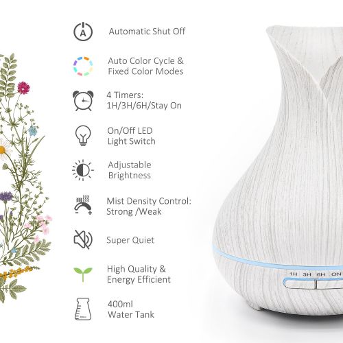  ASAKUKI 400ML Premium Essential Oil Diffuser, Quiet 5-In-1 Humidifier, Natural Home Fragrance Diffuser with 7 LED Color Changing Light and Easy to Clean