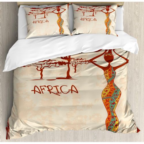 Ambesonne African Duvet Cover Set, Vintage Themed Illustration Slim Indigenous Girl Colorful Dress, Decorative 3 Piece Bedding Set with 2 Pillow Shams, Queen Size, Brown Cream