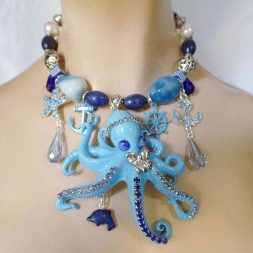  Claire Kern Creations Octopus Anchor Starfish Gemstone Necklace Earrings Lapis Agate Signed One of a Kind