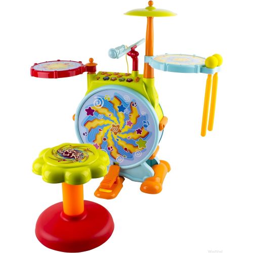  WolVol Electric Big Toy Drum Set for Kids with Movable Working Microphone to Sing and a Chair - Tons of Various Functions and Activity, Bass Drum and Pedal with Drum Sticks (Adjust