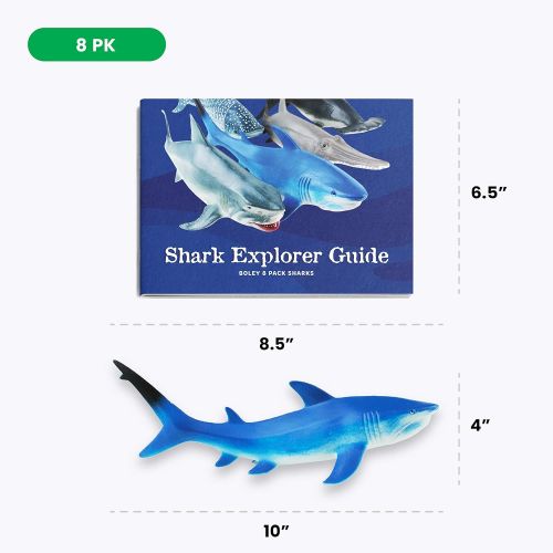  Boley Shark Toys - 8 Pack 10 Long Soft Plastic Realistic Shark Toy Set - Toddler Sensory Toys and Birthday Party Favors for Kids