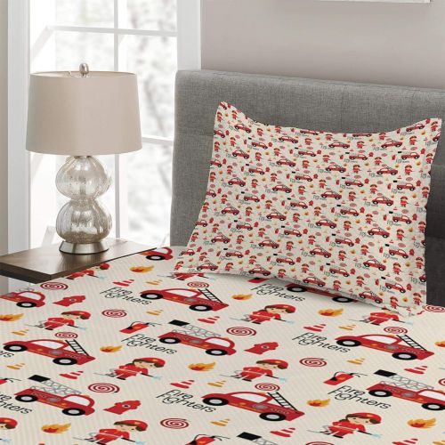  Lunarable Fire Truck Coverlet, Little Boys and Girls in Uniforms Fire Fighters Theme Career Profession Pattern, 2 Piece Decorative Quilted Bedspread Set with 1 Pillow Sham, Twin Si