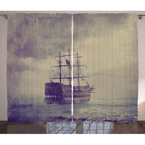  Ambesonne Nautical Curtains, Old Pirate Ship in The Sea Historical Legend Cruise Retro Voyage Grunge Style Art, Living Room Bedroom Window Drapes 2 Panel Set, 108 W X 84 L inches,