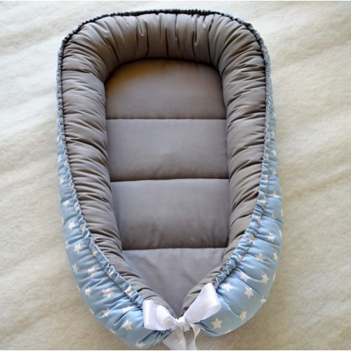  Handmade Baby Nest Bed Organic Babynest Blue and Grey Co Sleep Nest Newborn Boy Crib Pod Newborn Baby...
