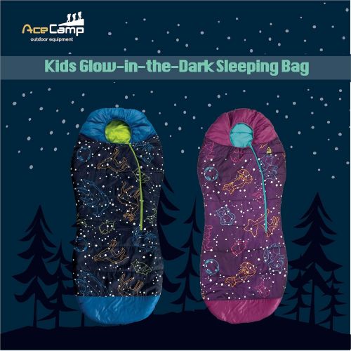  AceCamp Kids Toddler Nap Glow-in-The-Dark Sleeping Bag Blue Purple Mummy Style 30F -1C Head Bundle Bottom Seal Enclosed Pocket Boys Girls-Best Gift Christmas Birthday
