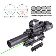 Pinty Rifle Scope 3-9x32EG Rangefinder Illuminated Reflex Sight 4 Reticle Red&Green Green Dot Laser Sight with 14 Slots 1” High Riser Mount