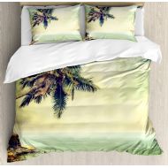 Girls bedding Ambesonne Hawaiian Duvet Cover Set, Palm Tree Rocky Shore Caribbean Mist Traveling Resort Scenic, Decorative 3 Piece Bedding Set with 2 Pillow Shams, King Size, Green Ivory