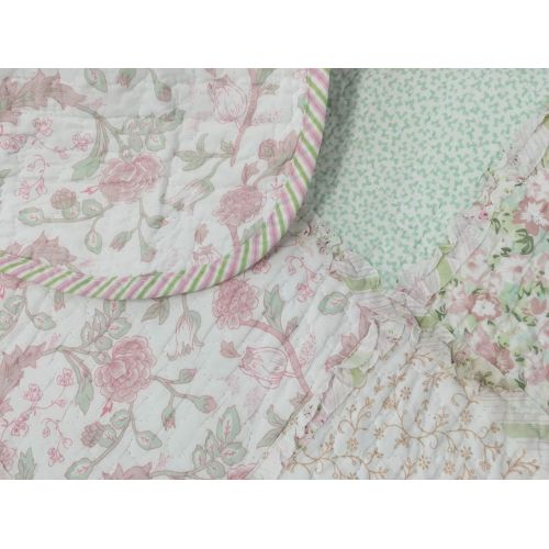  Cozy Line Home Fashions Vivinna Baby Pink White Black Grid Flower Pattern Patchwork Cotton Bedding Quilt Set Coverlet Bedspreads for Kids Girls Women(Pink/Black, Twin - 2 Piece)