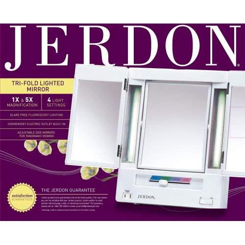  Jerdon Tri-Fold Two-Sided Lighted Makeup Mirror with 5x Magnification, White Finish