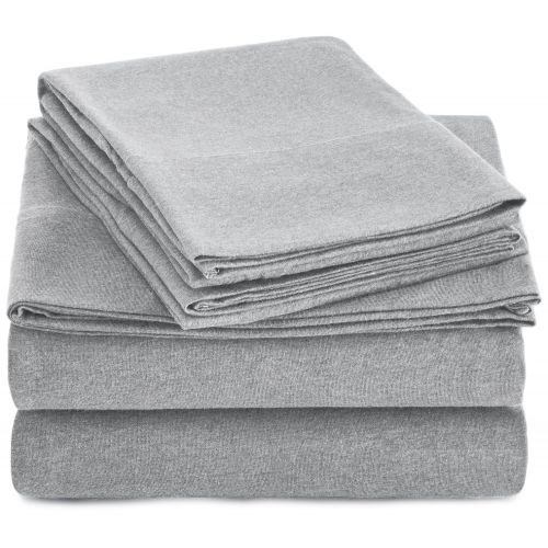 AmazonBasics Heather Cotton Jersey Bed Sheet Set - Queen, Light Grey