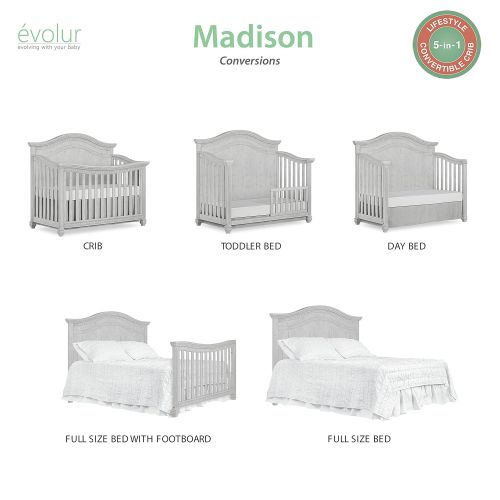  Evolur Madison 5 in 1 Curved Top Convertible Crib, Antique Grey Mist