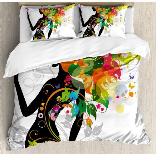  Ambesonne Colorful Duvet Cover Set, Madame Butterfly Modern Version with Spring Spiral Circles Leaf Botany Girl Print, Decorative 3 Piece Bedding Set with 2 Pillow Shams, Queen Siz