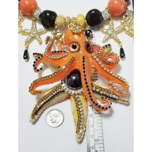  Claire Kern Creations Big Hand Painted Crystal Octopus Seahorse Starfish Nautical Necklace 2 x Earrings Signed One of a Kind