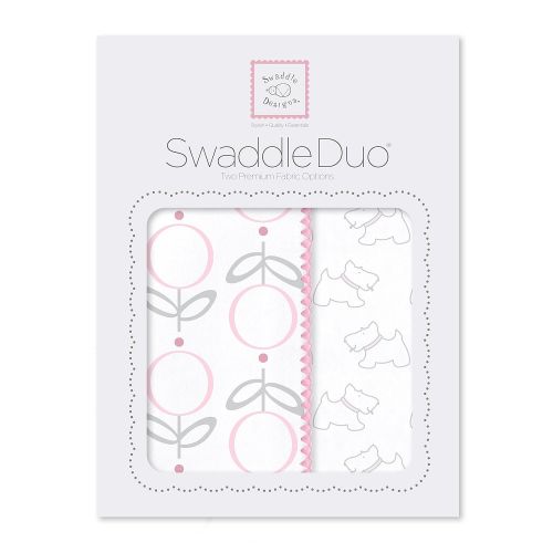  SwaddleDesigns SwaddleDuo, Set of 2 Swaddling Blankets, Cotton Marquisette + Premium Cotton Flannel, Pink Little Doggie Duo