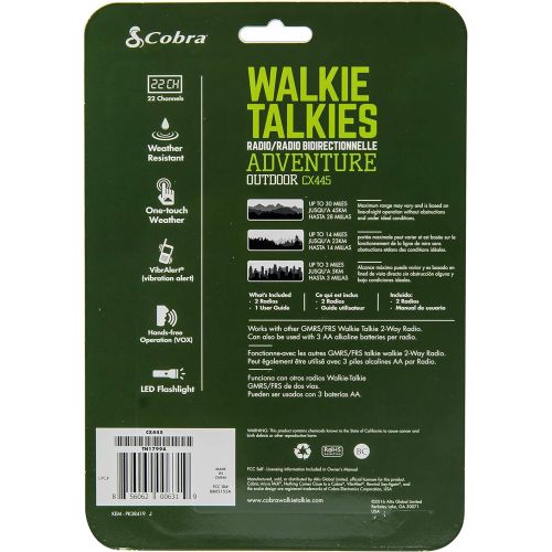 코브라 Cobra ACXT565 Walkie Talkie 28-Mile 22 Channel, Water Proof, Weather and Emergency Radio, Rechargeable Batteries