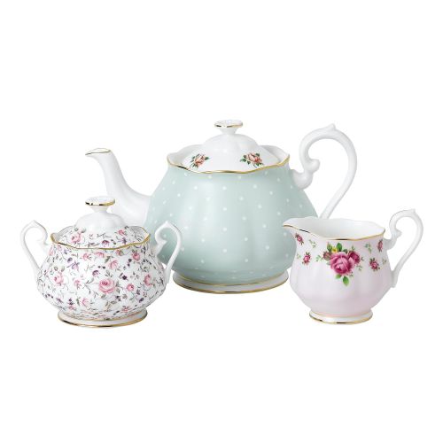  Royal Albert 40034975 Modern Vintage Collection Teapot, Cream, Sugar, 1.25 Liters, White, Pink