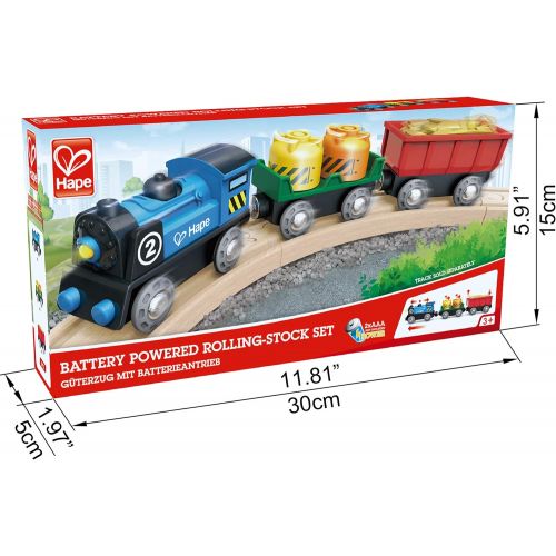  Hape Battery Powered Engine Set | Colorful Wooden Train Set, Battery Operated Locomotive With Working Lamp