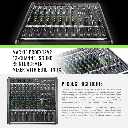  Photo Savings Mackie PROFX12V2 12-Channel Compact Mixer wUSB & Built-in FX + Samson Closed-Back Headphones and Deluxe Bundle
