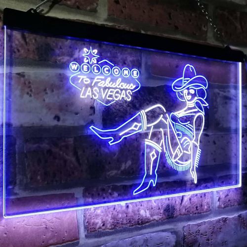  ADVPRO Cowgirl Welcome to Las Vegas Beer Bar Display Dual Color LED Neon Sign White & Blue 16 x 12 st6s43-i2737-wb