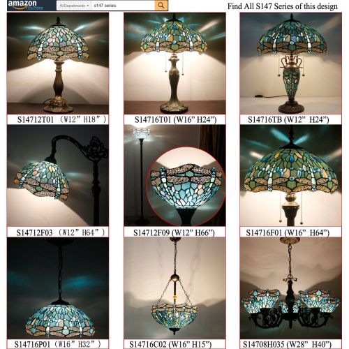  WERFACTORY Tiffany Style Torchiere Light Floor Standing Lamp Wide 12 Tall 66 Inch Sea Blue Stained Glass Crystal Bead Dragonfly Lampshade for Living Room Bedroom Antique Table Set S147 WERFAC