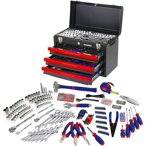  WORKPRO W009044A Mechanics Tool Set with 3-Drawer Heavy Duty Metal Box (408 Piece)