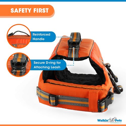  Walkin Dog Life Jacket - Canine Safety Jacket with Bright Orange Color, Reflective Trim, Reinforced Handle and Leash Clip