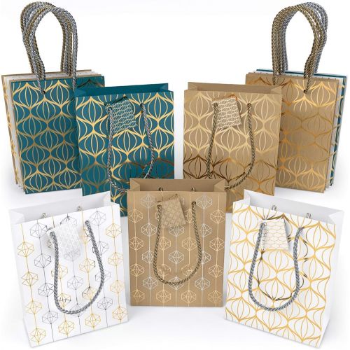  [아마존핫딜][아마존 핫딜] ARTEZA Gift Bags, 9.5 x7 x 3.4 Inches, Set of 15 with an Assortment of 2 Unique Metallic Foil Designs on 6 Kraft, 6 White, and 3 Blue Paper Bags, 3 of Each Style