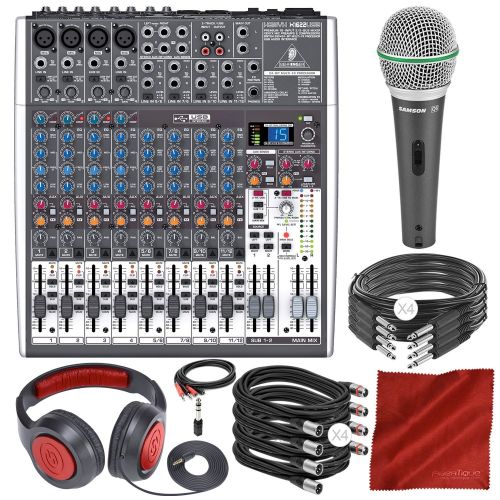  Photo Savings Behringer XENYX X1622USB 16-Input USB Audio Mixer with Effects and Samson Dynamic Microphone, Stereo Headphones, Deluxe Bundle