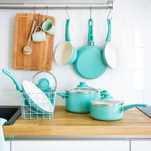  GreenLife Soft Grip 16pc Ceramic Non-Stick Cookware Set, Turquoise - CC001007-001