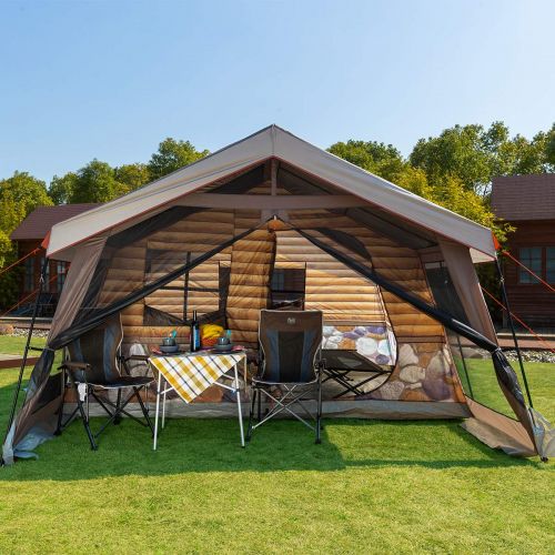  Odoland Timber Ridge Family Camping Tent 13 and 13 feet Log Cabin Vacation Home Portable Rain Fly with Roller Carry Bag
