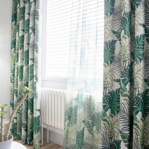  VOGOL Floral Leaves Printed Curtains, Blackout Window Panels Noise Reduction Restaurant Curtain Drapes for Bedroom Hotel Living Room, 2 Panels, W52 x L84 inch, Green