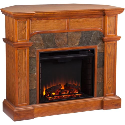 Southern Enterprises Cartwright Convertible Electric Fireplace, Mission Oak Finish with Earth Tone Tiles