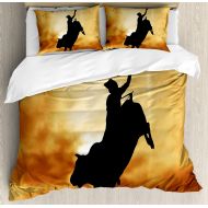 Western Queen Size Duvet Cover Set by Ambesonne, Bull Rider Silhouette at Sunset Dramatic Sky Rural Countryside Landscape Rodeo, Decorative 3 Piece Bedding Set with 2 Pillow Shams,