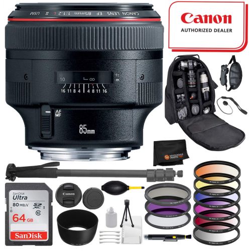 캐논 Canon EF 85mm f1.2L II USM Lens Professional Package Deal: SanDisk Ultra 64GB SDXC + Pro Series 72 Monopod + DSLR Camera Backpack and More