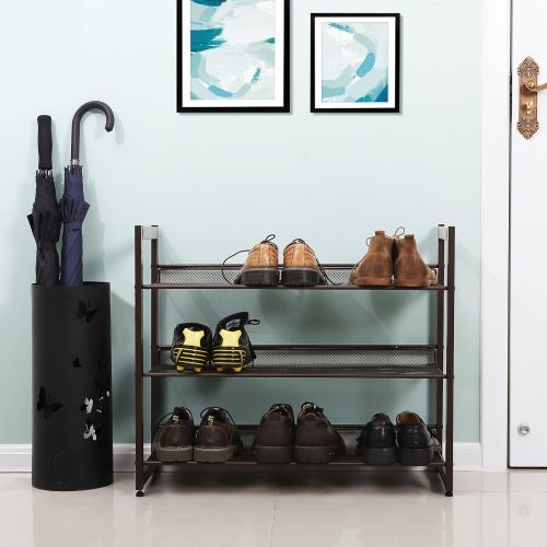  SONGMICS 3-Tier Stackable Metal Rack Flat & Slant Adjustable Shoe Organizer Shelf for Closet Bedroom Entryway 29.1 x 12.2 x 24.7 Inches Bronze ULMR03A