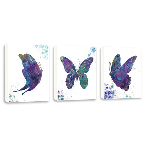  Kularoux Watercolor Butterfly Painting, Butterfly Art, Girls Wall Art, Art For Children, Set of Three Limited Edition Gallery Wrapped Canvases