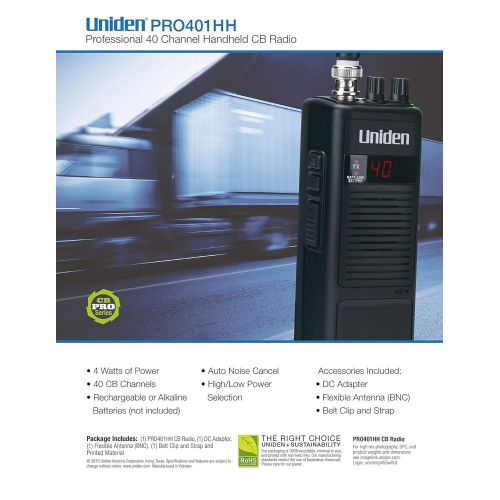  [아마존베스트]Uniden PRO401HH Professional Series 40 Channel Handheld CB Radio, 4 Watts Power with Hi/Low Power Switch, Auto Noise Cancellation, Belt Clip and Strap Included