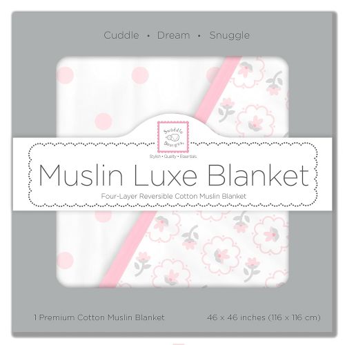  SwaddleDesigns 4-Layer Cotton Muslin Luxe Blanket, Cuddle and Dream, Pastel Pink Posies and Dots