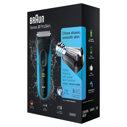 브라운 Braun Electric Shaver, Series 3 ProSkin 3040s Mens Electric Razor  Electric Foil Shaver, Rechargeable, Wet & Dry, Blue